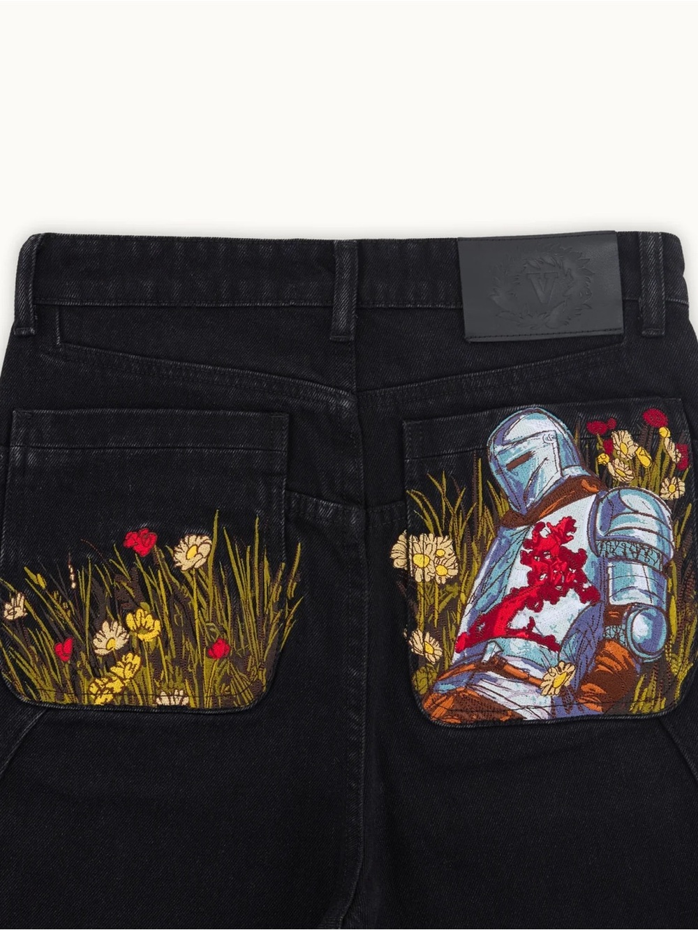 Black Embroidered Jeans with Floral & Knight Detail
